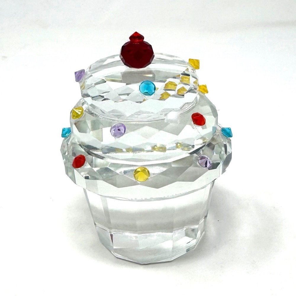 Crystal Cupcake Figurine Clear Glass Multicolor Sprinkles Cherry Paperweight